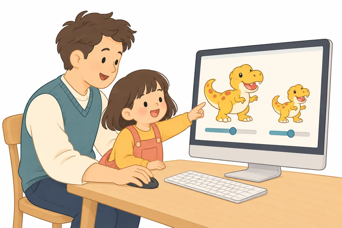 A father and child choose the size of a dinosaur design on a computer
