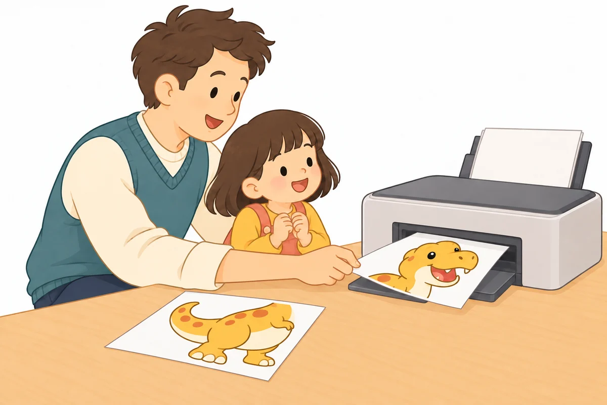 A father and child print the dinosaur design on sheets of paper with a home printer