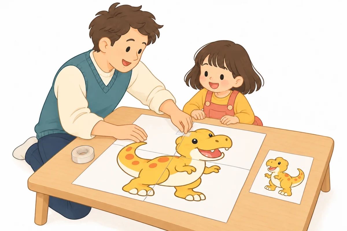 A father and child join a large dinosaur picture while a smaller printed dinosaur sits beside it