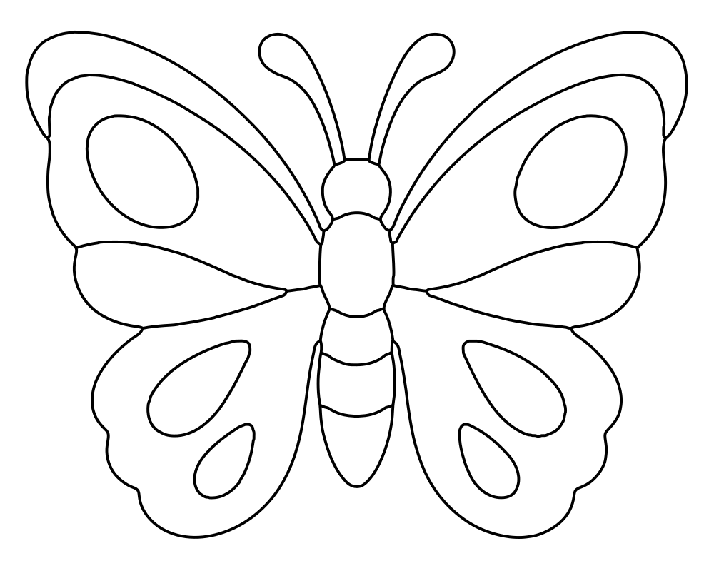 A butterfly coloring page with clear wing patterns in black-and-white line art
