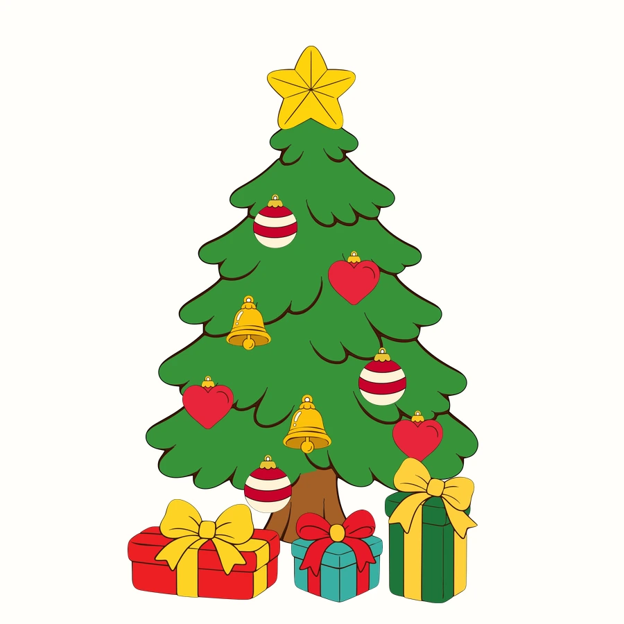 A plain Christmas tree combined with a star, colorful ornaments and gift boxes from the Christmas tree template page
