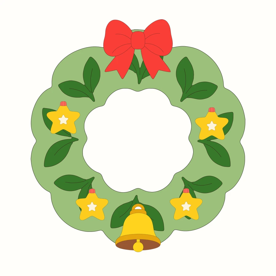 An evergreen wreath ring combined with a ribbon bow, a bell and star ornaments from the Christmas wreath template page